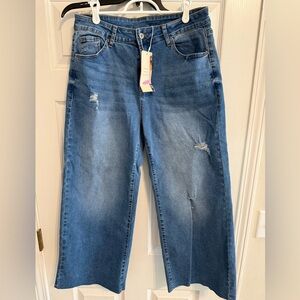 Women's Blue Distressed Wide Leg Cropped Jeans